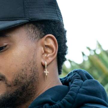 Dagger Cross Dangle Drop Trendy Yellow Gold Plated 925 Sterling Silver Iced Hoops Hypoallergenic Hoop Earrings Hanging CZ Stone Spike Earrings For Men Women Fashion Jewelry