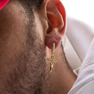Dagger Cross Dangle Drop Trendy Yellow Gold Plated 925 Sterling Silver Iced Hoops Hypoallergenic Hoop Earrings Hanging CZ Stone Spike Earrings For Men Women Fashion Jewelry