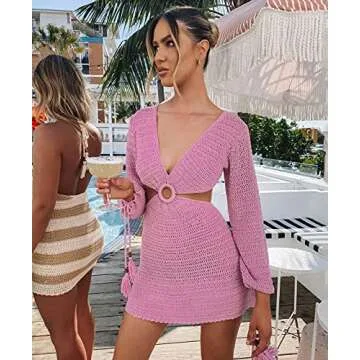 Luckinbaby Knitted Cutout Bodycon Dresses Long Sleeve Crochet Dresses Deep V Neck Backless Mini Rib Knit Dress (Pink, Small)
