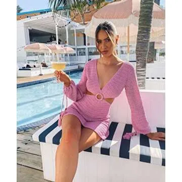 Luckinbaby Knitted Cutout Bodycon Dresses Long Sleeve Crochet Dresses Deep V Neck Backless Mini Rib Knit Dress (Pink, Small)