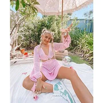 Luckinbaby Knitted Cutout Bodycon Dresses Long Sleeve Crochet Dresses Deep V Neck Backless Mini Rib Knit Dress (Pink, Small)