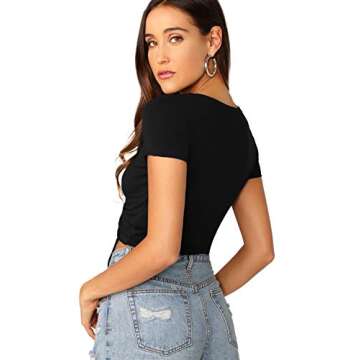 Verdusa Women's Ruched Drawstring Front V Neck Crop Tee Top Black S