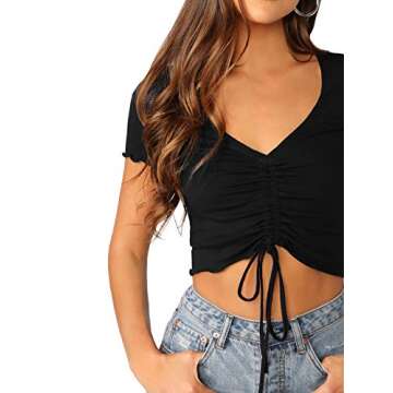 Verdusa Women's Ruched Drawstring Front V Neck Crop Tee Top Black S