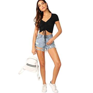 Verdusa Women's Ruched Drawstring Front V Neck Crop Tee Top Black S