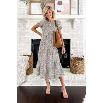 PRETTYGARDEN Women's Summer Casual Boho Dress Floral Print Ruffle Puff Short Sleeve Flowy Midi Beach Party Dresses