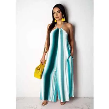 BestGirl Women's Casual Loose Plus Size Jumpsuits Stripe Print Spaghetti Strap Wide Leg Pants with Pockets Medium Multicolored-7