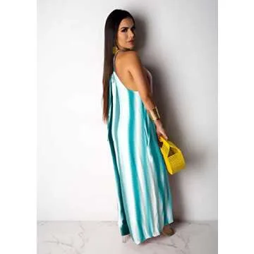 BestGirl Women's Casual Loose Plus Size Jumpsuits Stripe Print Spaghetti Strap Wide Leg Pants with Pockets Medium Multicolored-7