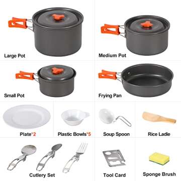 REDCAMP 19 PCS Camping Cookware Mess Kit Camping Gear Campfire Utensils Lightweight Stackable Pot Pa...