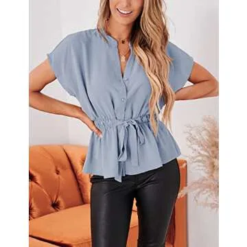 Womens Button Down Blouses Casual Peplum Summer Tops Dressy Chiffon Work Blouse Light Blue
