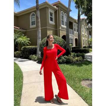 OQQ Women Wide Leg Pants Jumpsuits One Piece Long Sleeve Square Neck Jumpsuits Red