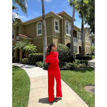 OQQ Women Wide Leg Pants Jumpsuits One Piece Long Sleeve Square Neck Jumpsuits Red