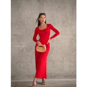 OQQ Women Wide Leg Pants Jumpsuits One Piece Long Sleeve Square Neck Jumpsuits Red