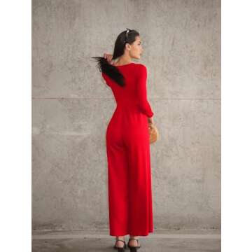 OQQ Women Wide Leg Pants Jumpsuits One Piece Long Sleeve Square Neck Jumpsuits Red