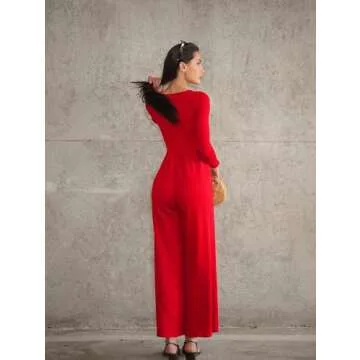OQQ Women Wide Leg Pants Jumpsuits One Piece Long Sleeve Square Neck Jumpsuits Red