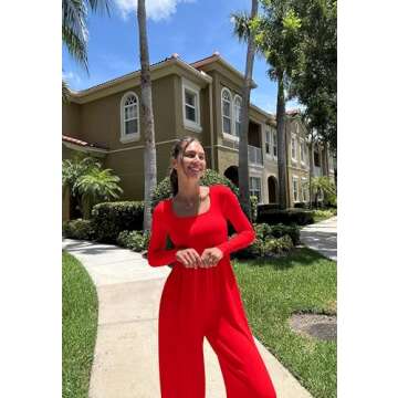OQQ Women Wide Leg Pants Jumpsuits One Piece Long Sleeve Square Neck Jumpsuits Red