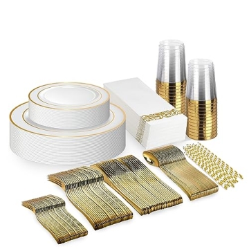 Neatiffy 225 Pcs Gold Rim Disposable Dinnerware Set