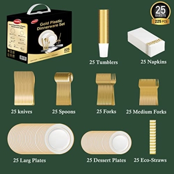 Neatiffy 225 Pcs Gold Rim Disposable Dinnerware Set
