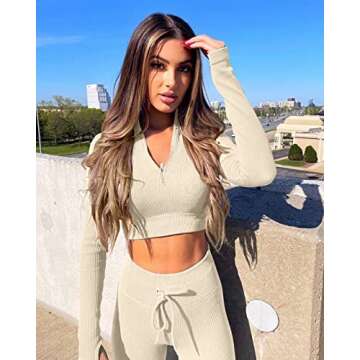 LNSK Workout Sets for Women 2 Pieces Ribbed Seamless Long Sleeve Top Yoga High Waist Outfit Leggings Beige