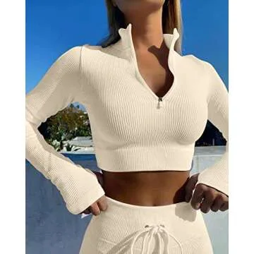 LNSK Workout Sets for Women 2 Pieces Ribbed Seamless Long Sleeve Top Yoga High Waist Outfit Leggings Beige