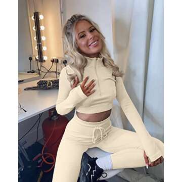 LNSK Workout Sets for Women 2 Pieces Ribbed Seamless Long Sleeve Top Yoga High Waist Outfit Leggings Beige