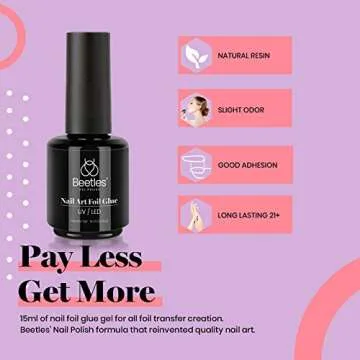 Beetles Nail Foil Glue Gel 2 Bottles 15ML with 20PCS Flower Butterfly and Metal Foil Stickers Set Nail Transfer Glues Manicure Art DIY Nail, LED Lamp Required Soak Off