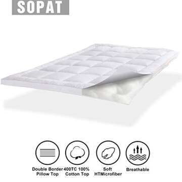 SOPAT Extra Thick Mattress Topper Queen 400TC Cotton Pillow Top Breathable Mattress Pad Protector with 8-22" Deep Pocket Soft Down Alternative Fill Mattress Cover (60x80 Inches, White)