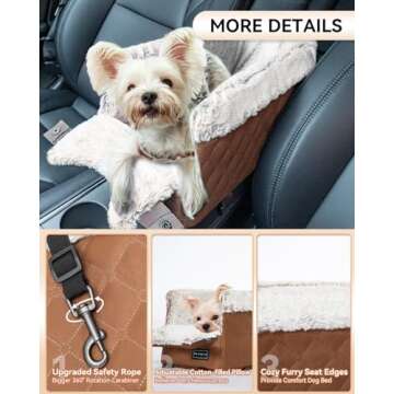 PETSFIT Center Console Dog Car Seat with Safe Protection Hooks, Pet Car Seat with Upgraded Safety Tethers, Washable Cushion, Console Dog Car Seats for Small Dogs (Coffee)