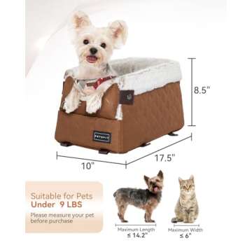 PETSFIT Center Console Dog Car Seat with Safe Protection Hooks, Pet Car Seat with Upgraded Safety Tethers, Washable Cushion, Console Dog Car Seats for Small Dogs (Coffee)