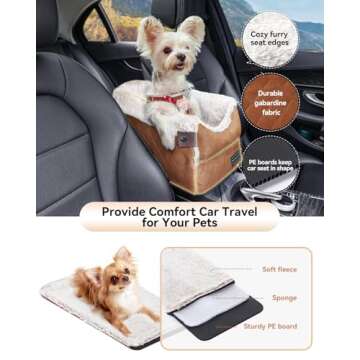 PETSFIT Center Console Dog Car Seat with Safe Protection Hooks, Pet Car Seat with Upgraded Safety Tethers, Washable Cushion, Console Dog Car Seats for Small Dogs (Coffee)