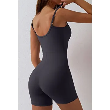 QINSEN Fashion Womens Thin Straps U Neck Belly Hide Jumpsuit Outfit Short Length Rompre Grey XL
