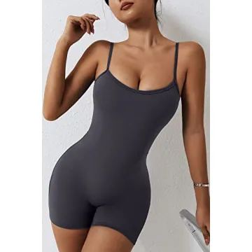 QINSEN Fashion Womens Thin Straps U Neck Belly Hide Jumpsuit Outfit Short Length Rompre Grey XL