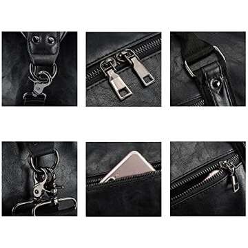 Leather Travel Bag with Shoe Pouch,Weekender Overnight Bag Waterproof PU Leather Large Carry On Bag Travel Tote Duffel Bag for Men or Women-Black