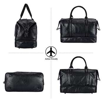 Leather Travel Bag with Shoe Pouch,Weekender Overnight Bag Waterproof PU Leather Large Carry On Bag Travel Tote Duffel Bag for Men or Women-Black