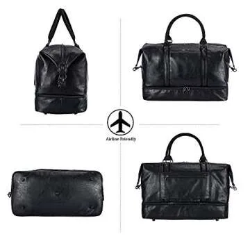 Leather Travel Bag with Shoe Pouch,Weekender Overnight Bag Waterproof PU Leather Large Carry On Bag Travel Tote Duffel Bag for Men or Women-Black