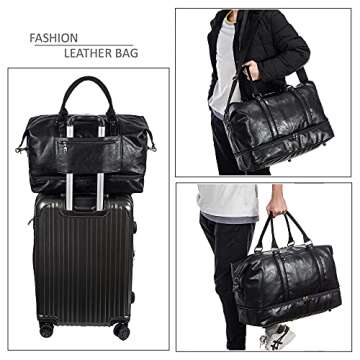 Leather Travel Bag with Shoe Pouch,Weekender Overnight Bag Waterproof PU Leather Large Carry On Bag Travel Tote Duffel Bag for Men or Women-Black