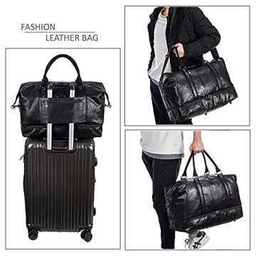 Leather Travel Bag with Shoe Pouch,Weekender Overnight Bag Waterproof PU Leather Large Carry On Bag Travel Tote Duffel Bag for Men or Women-Black
