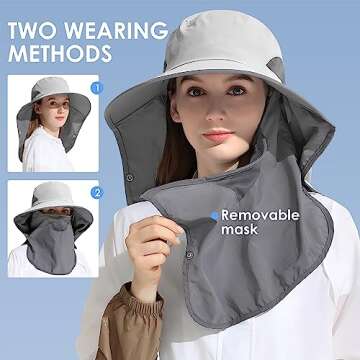 Outdoor Sun Hat Detachable Neck Face Flap UPF 50+UV Protection Visor Fishing Hats with Neck Flap for...