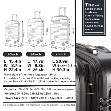 Coolife Expandable 3 Piece Luggage Set Perfect for Travel