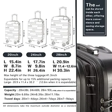 Coolife Expandable 3 Piece Luggage Set Perfect for Travel