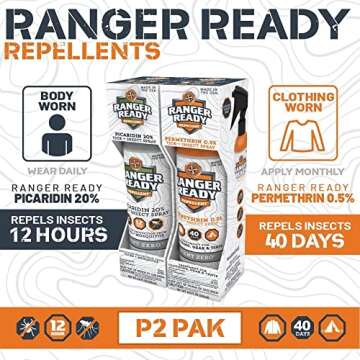 Ranger Ready Repellents P2Pak Permethrin + Picaridin Tick & Insect Repellent, Scent Zero, 8 Fl Oz. (...