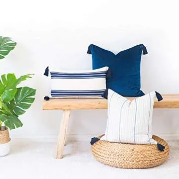 Hofdeco Coastal Decorative Throw Pillow Cover ONLY, for Couch, Sofa, or Bed, Sky Blue Stripe Tassel, 18"x18"