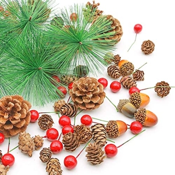 DomeStar 120PCS Artificial Pine Cone Red Berry Set, Pinecones Branches for Xmas Tree Ornament Home W...