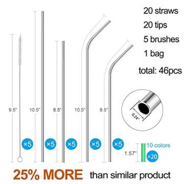 20 Pack Reusable Stainless Steel Metal Straws,10.5" & 8.5" Reusable Drinking Straws with 20 Silicone...