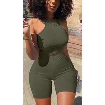 GOBLES Women's Sexy 2 Piece Outfits Sleeveless Crop Top With Shorts Jumpsuits Olive