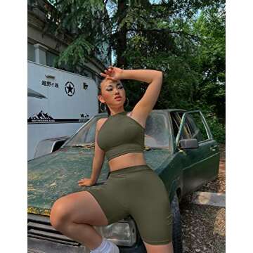 GOBLES Women's Sexy 2 Piece Outfits Sleeveless Crop Top With Shorts Jumpsuits Olive