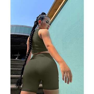 GOBLES Women's Sexy 2 Piece Outfits Sleeveless Crop Top With Shorts Jumpsuits Olive