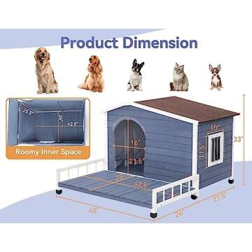 Petsfit Large Dog House with Terrace & Openable Asphalt Roof, 45" L x 54" W x33 H, XL Dog House Outd...