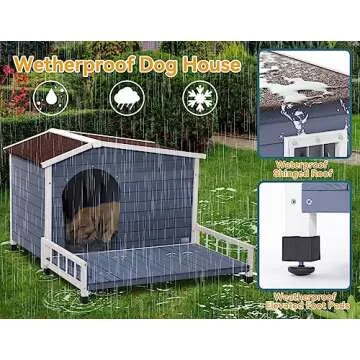 Petsfit Large Dog House with Terrace & Openable Asphalt Roof, 45" L x 54" W x33 H, XL Dog House Outdoor with Elevated Floor, Window & Door Flap, Outdoor Dog House for Large Dogs