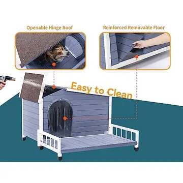 Petsfit Large Dog House with Terrace & Openable Asphalt Roof, 45" L x 54" W x33 H, XL Dog House Outdoor with Elevated Floor, Window & Door Flap, Outdoor Dog House for Large Dogs