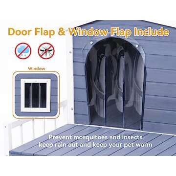 Petsfit Large Dog House with Terrace & Openable Asphalt Roof, 45" L x 54" W x33 H, XL Dog House Outdoor with Elevated Floor, Window & Door Flap, Outdoor Dog House for Large Dogs